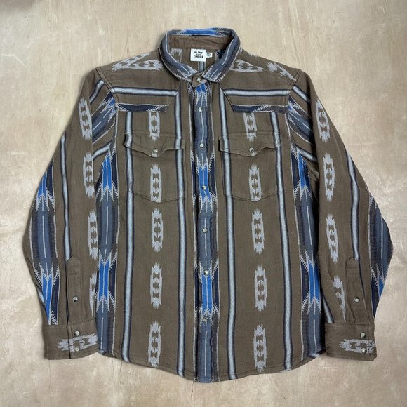Flint And Tinder Shirt Mens 2XL Pearl Snap Long Sleeve Brown Aztec Western - Picture 1 of 4